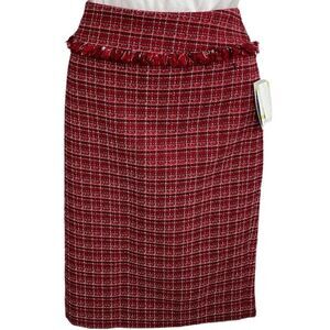 Kasper‎ Pencil Skirt Women's 4 SMALL Red Black White Tweed Fringe Lined NEW